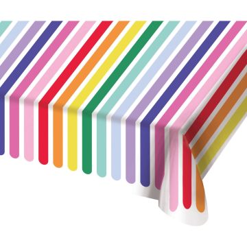 Tafelkleed Stripetastic in vrolijke regenboogkleuren. Kopen bij Heelveelfeest